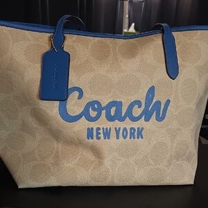 Coach Tan and Blue Tote Bag